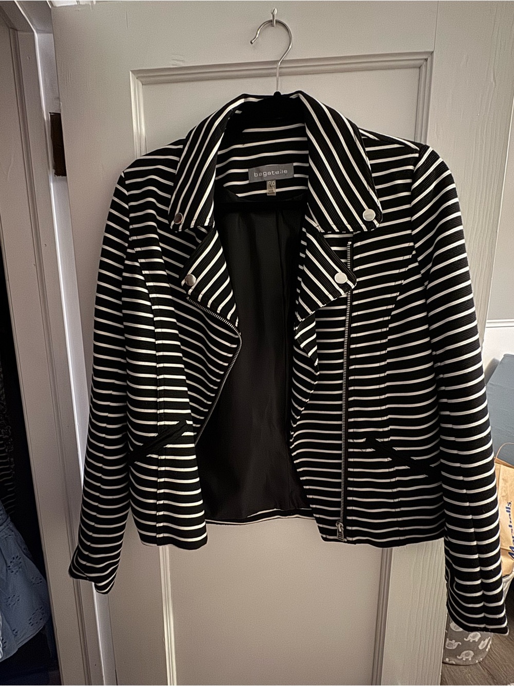 bagatelle Black and White Striped Moto Jacket
